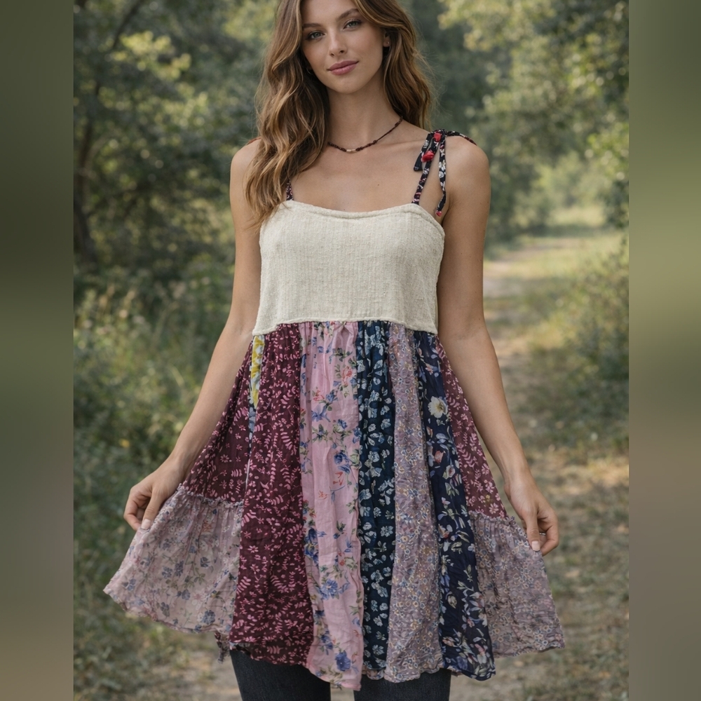 Young Threads Boho Patchwork Maxi Dress | Floral Tiered Cottagecore Midi